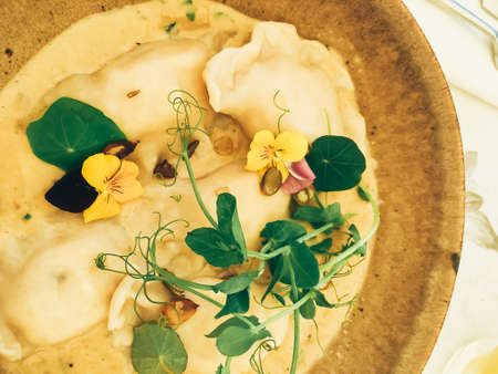 Traditional cuisine, culinary and gourmet travel, homemade dumplings in mushroom sauce recipe,...