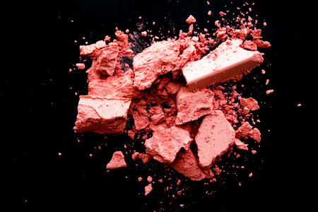 Crushed cosmetics, mineral organic eyeshadow, blush and cosmetic powder isolated on black background, makeup and beauty banner, flatlay designの写真素材