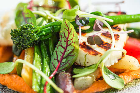 Healthy recipe, organic food and vegetarian salad menu in luxury restaurant, warm vegetables with cheese, greens and herbs served on plateの写真素材
