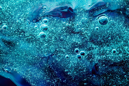 Abstract aquamarine liquid background, paint splash, swirl pattern and water drops, beauty gel and...