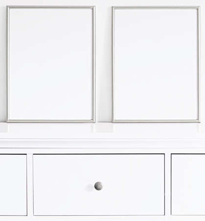 Silver frame on white furniture, luxury home decor and design for mockup, poster print and printable...