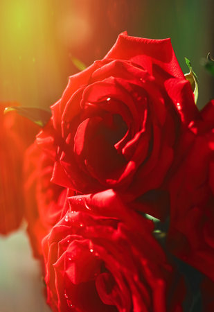 Bouquet of red roses as floral holiday gift, beautiful fresh garden flowers as home decorの写真素材