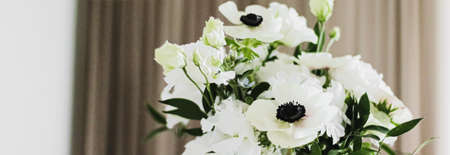 Bouquet of flowers in vase and home decor details, luxury interior designの写真素材