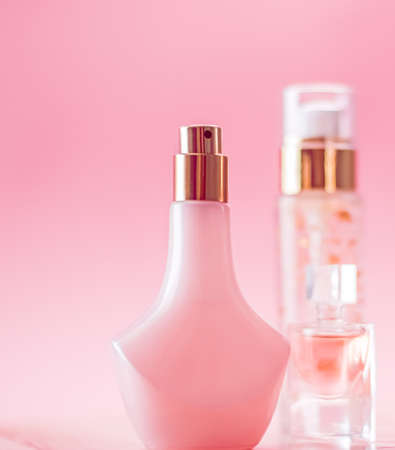 Skincare, perfume and make-up set on pink background, luxury beauty and cosmetic productsの写真素材