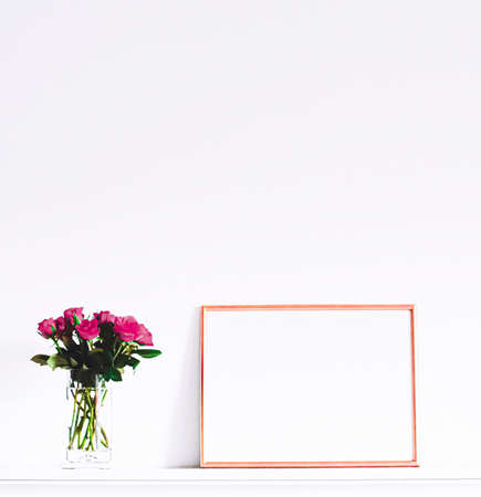 Rose gold frame on white furniture, luxury home decor and design for mockup, poster print and printable art, online shop showcaseの写真素材