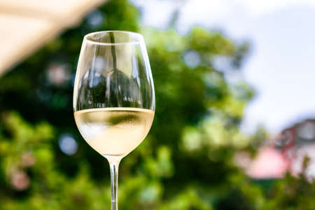 White wine in luxury restaurant on summer garden terrace, wine tasting experience at winery in the vineyard, gourmet tour and holiday travelの写真素材