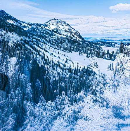 Winter wonderland and magical Christmas landscape. Snowy mountains and forest covered with snow as holiday backgroundの写真素材