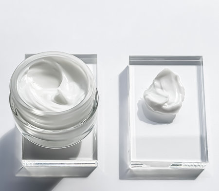 Face cream moisturiser jar and product sample on glass, beauty and skincare, cosmetic science conceptの写真素材