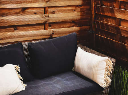 Garden furniture design detail, outdoor sofa and cushions as home decor and patio or terrace interior conceptの写真素材