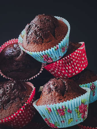 Chocolate muffins as sweet dessert, homemade cakes recipe, food and baking conceptの写真素材