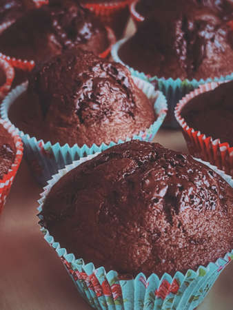 Chocolate muffins as sweet dessert, homemade cakes recipe, food and baking conceptの写真素材