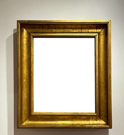 Antique golden art fair gallery frame on the wall at auction house or museum exhibition, blank template with empty white copyspace for mockup design, artwork conceptの写真素材