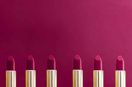 Purple lipsticks in golden tubes on colour background, luxury make-up and cosmetics for beauty brand product design conceptの写真素材