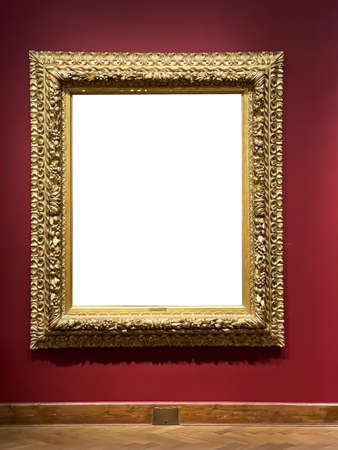 Antique golden art fair gallery frame on the wall at auction house or museum exhibition, blank...