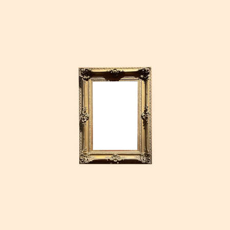 Antique art fair gallery frame on beige wall at auction house or museum exhibition, blank template...