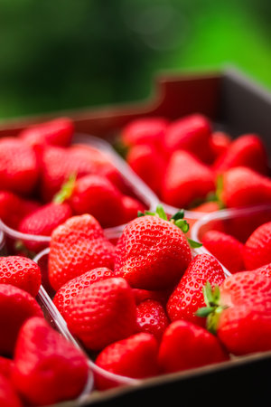 Strawberries packaged in box, sweet ripe perfect strawberry harvest, organic garden and agricultureの写真素材