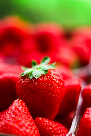 Strawberries packaged in box, sweet ripe perfect strawberry harvest, organic garden and agricultureの写真素材