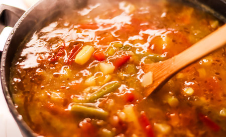 Cooking vegetable soup in saucepan, comfort food and homemade meal conceptの写真素材
