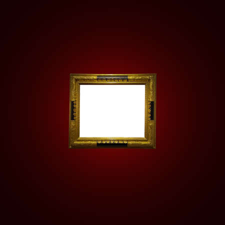 Antique art fair gallery frame on royal red wall at auction house or museum exhibition, blank template with empty white copyspace for mockup design, artwork conceptの写真素材