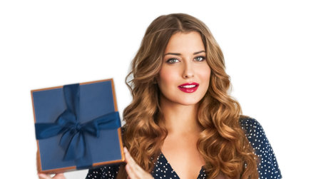 Birthday, Christmas or holiday present, happy woman holding a blue gift or luxury beauty box subscription delivery isolated on white background, portraitの写真素材