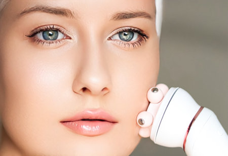 Anti-aging cosmetology and beauty treatment product, woman using face contour massage roller device...