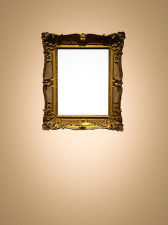 Antique art fair gallery frame on beige wall at auction house or museum exhibition, blank template with empty white copyspace for mockup design, artwork conceptの写真素材