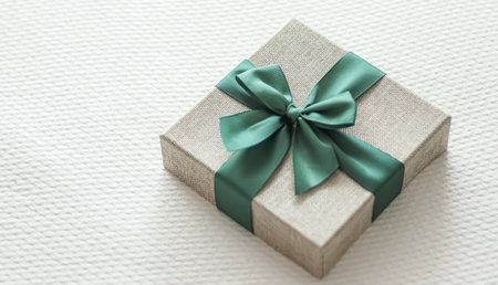 Holiday present and luxury online shopping delivery, wrapped linen gift box with green ribbon on bed...