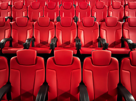Cinema and entertainment, empty red movie theatre seats for tv show streaming service and film industry production brandingの写真素材