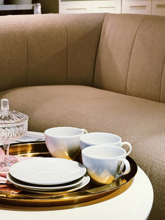 Home decor and interior design, dishware products set in the store, furniture and decoration details