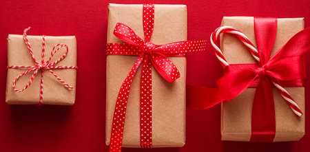 Christmas gifts, boxing day and traditional holiday presents flat lay, classic xmas gift boxes on...