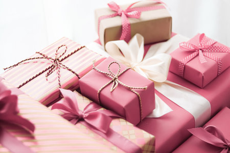 Holiday gifts and wrapped luxury presents, pink gift boxes as surprise present for birthday,...