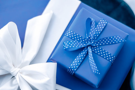Holiday gifts and wrapped luxury presents, blue gift boxes as surprise present for birthday, Christmas, New Year, Valentines Day, boxing day, wedding and holidays shopping or beauty box delivery conceptの写真素材