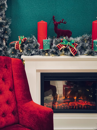 Christmas, holidays and decoration, festive christmas tree and ornaments near decorated fireplace in countryside house. Winter holiday season, celebration and cosy atmosphere at home.の写真素材