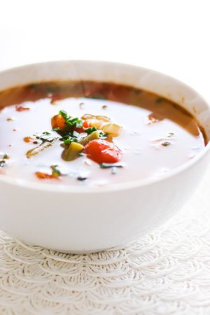 Hot vegetable soup in bowl, comfort food and homemade meal conceptの写真素材