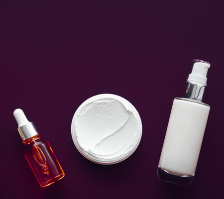 Beauty cosmetics and skincare product on purple background, flatlay.の写真素材
