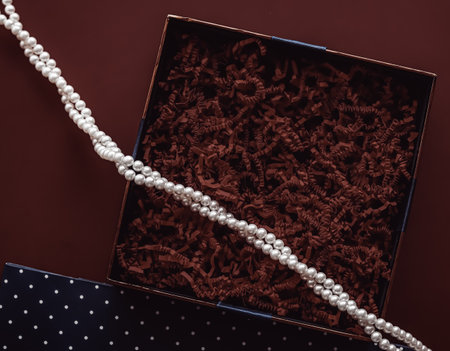 Holiday gift, pearl jewellery necklace and beauty box subscription package mockup for luxury...