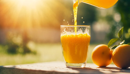 Pouring fresh orange juice into a glass on a sunny morning in the English countryside. Generative Ai.の素材