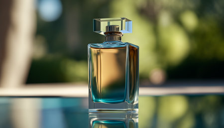 Luxury perfume with fresh natural scent for women, glass fragrance bottle by the swimming pool on a summer day, generative AI.の素材