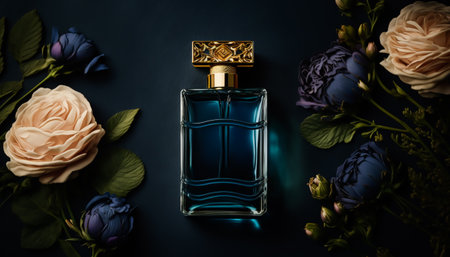 Luxury perfume with floral scent for women, glass fragrance bottle on dark blue flatlay background, generative AI.の素材
