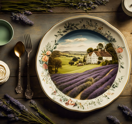 Empty plate flatlay, English country cottage style table setting with plate decorated with countryside landscape, plants and flowers. Generative Ai.の素材