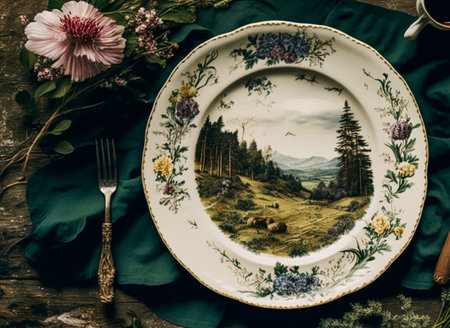 Empty plate flatlay, English country cottage style table setting with plate decorated with countryside landscape, plants and flowers. Generative Ai.の素材