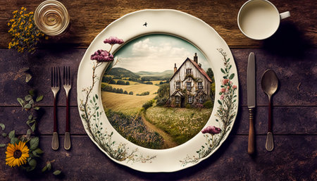 Empty plate flatlay, English country cottage style table setting with plate decorated with countryside landscape, plants and flowers. Generative Ai.の素材
