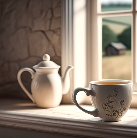 Sunny morning in the English countryside, cup of tea by the window in the country cottage. Generative Ai.の素材