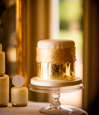 Luxury wedding cake, exclusive high-end design, beautifully decorated professional one tier premium cake as main dessert for exquisite wedding celebration. Generative Ai.の素材