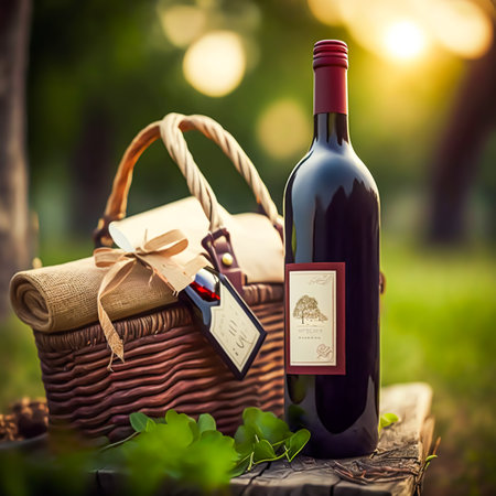 Luxury red house wine bottle and vintage picnic basket in the sunny countryside, generic stylised lable. Generative Ai.の素材