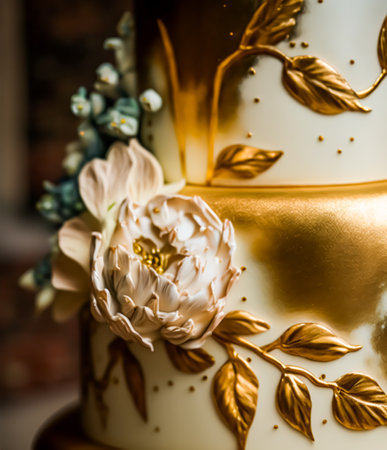 Close-up detail of a luxury wedding cake, exclusive high-end design, beautifully decorated professional premium cake as main dessert for exquisite wedding celebration. Generative Ai.の素材