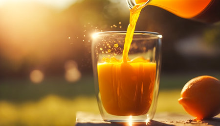 Pouring fresh orange juice into a glass on a sunny morning in the English countryside. Generative Ai.の素材