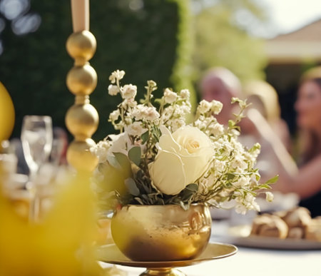 Beautiful luxury wedding table decoration idea and inspiration with flowers and generic stylised design for a summer wedding celebration outdoors in the English style floral garden. Generative Ai.の素材