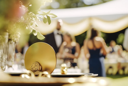 Beautiful luxury wedding table decoration idea and inspiration with flowers and generic stylised design for a summer wedding celebration outdoors in the English style floral garden. Generative Ai.の素材