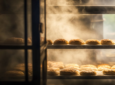 Bakery in the morning, hot fresh bread and pastry baking in the old town bakery, freshly baked products on shelves and the oven, small local business and food production. Generative Ai.の素材